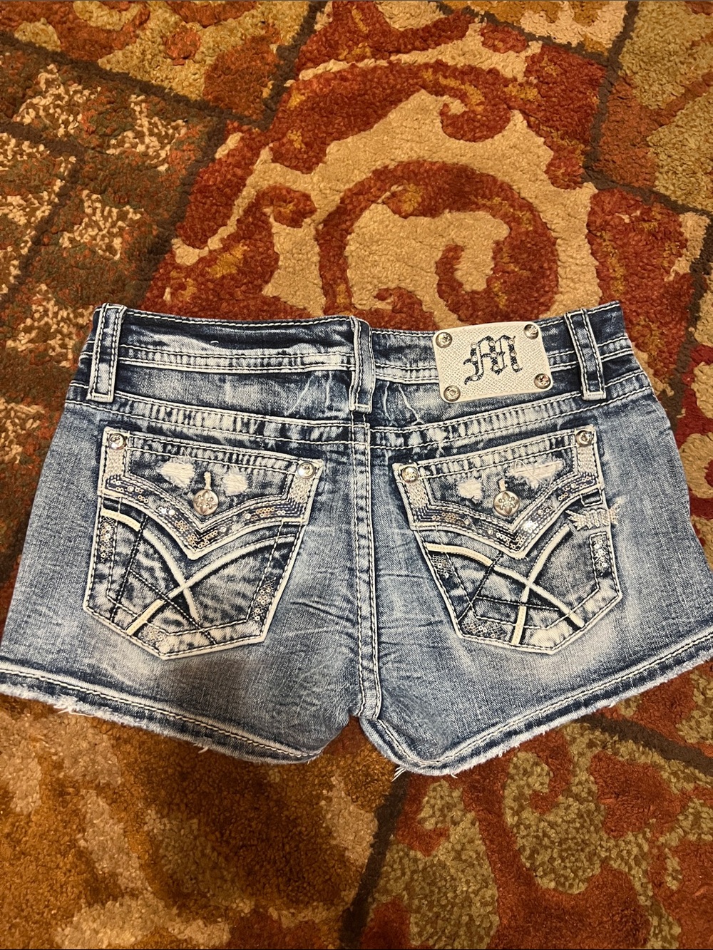 Miss Me Light Blue Acid Wash Denim Shorts with Embellished Pockets